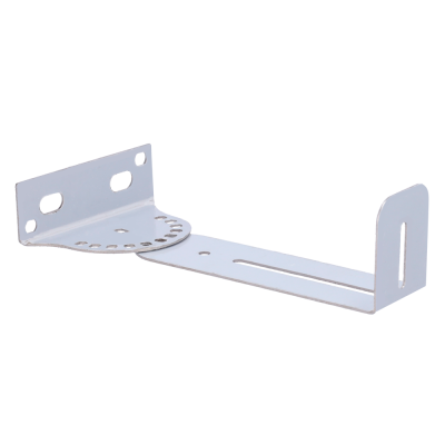 Suporte metálico branco com orifícios para fixação e design ajustável
