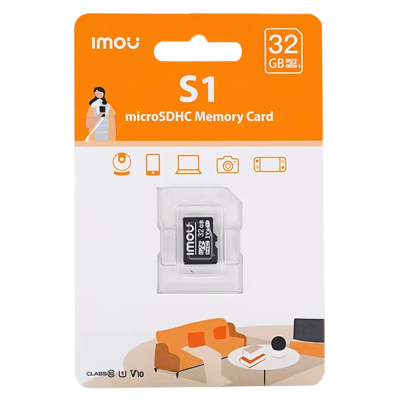 Cartão de memória microSDHC Imou S1 32 GB em embalagem laranja e branco com ilustração de sala de estar