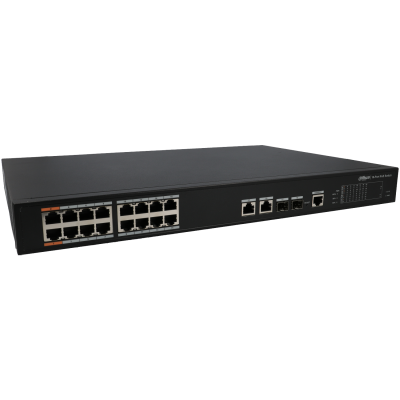 Switch de rede preto com várias portas Ethernet e indicadores LED