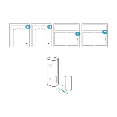 Sensor de segurança eufy para portas e janelas com duas partes e indicação de distância entre elas.
