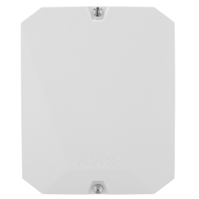 Painel branco quadrado com parafusos e texto AJAX em relevo