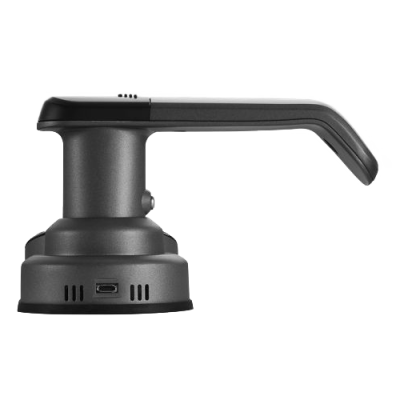 Peça de plástico cinza escuro com base cilíndrica e porta USB