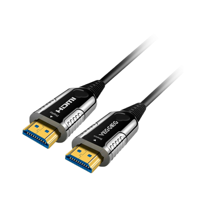Cabo HDMI preto com conectores metálicos dourados e inscrições HDMI e VEGECEC