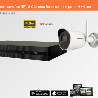 Sistema de videovigilância sem fios Hikvision com gravador preto e câmara bullet branca