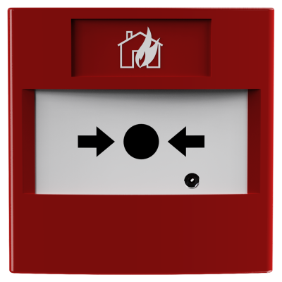 Alarme de incêndio manual vermelho com painel branco e ícone de casa em chamas