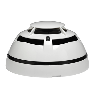 Detector de fumo branco com faixa preta e abertura superior circular.