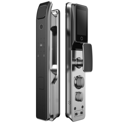 Fechadura eletrónica prateada com painel tátil preto e visor digital