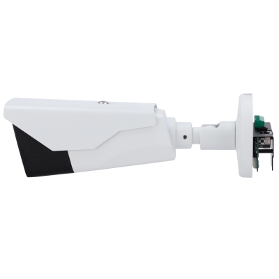 Câmara de vigilância tipo bullet branca e preta vista de perfil com fixação e componentes eletrônicos