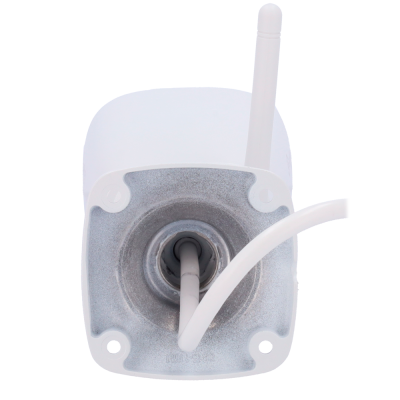 Câmara de segurança branca com cabo e base metálica prateada