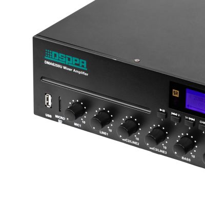Amplificador misturador DSPPA DMA6250U preto com botões giratórios e entradas USB e micro SD.