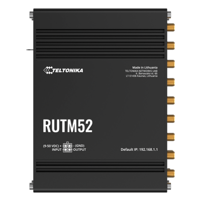 Roteador preto Teltonika RUTM52 com conexões laterais douradas e texto branco