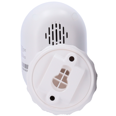 Dispositivo eletrônico branco visto de trás com ventilação e suporte redondo