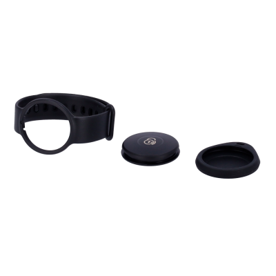 Pulseira preta, tampa redonda com cadeado e suporte ovalado em silicone preto