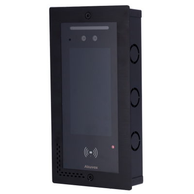 Intercomunicador preto Akuvox com ecrã e leitor de cartão