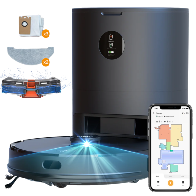 Robô aspirador com estação base, acessórios e aplicação móvel