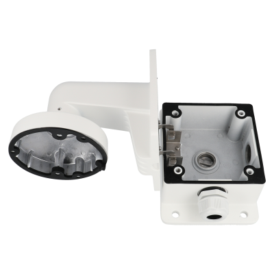 Suporte branco para câmara de segurança com base quadrada e compartimento aberto