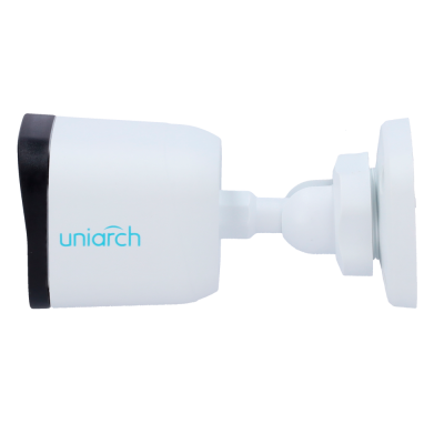 Câmara de vigilância branca com logótipo uniarch e suporte de fixação branco