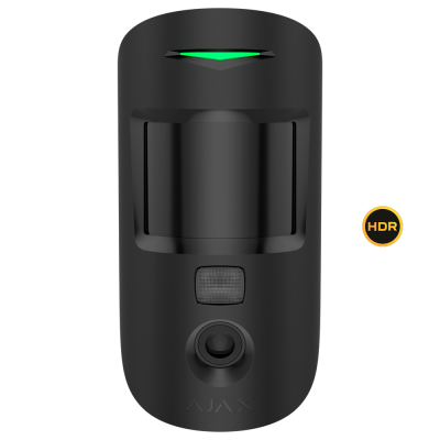 Sensor de movimento preto com indicador verde e selo HDR ao lado