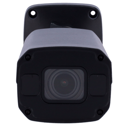 Câmara de segurança preta com lente visível e estrutura retangular
