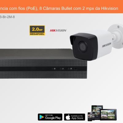 Sistema de videovigilância Hikvision com gravador preto e câmara bullet branca