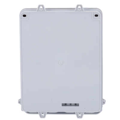 Caixa plástica retangular cinza claro com aberturas para fixação.