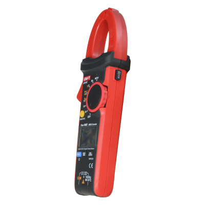 Aparelho medidor digital tipo pinça vermelho e preto com mostrador