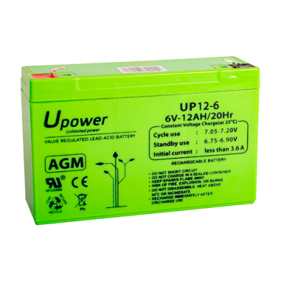 Bateria verde UPower AGM 6V 12AH/20Hr com texto preto e vermelho