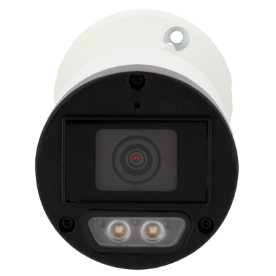 Câmara de vigilância cilíndrica branca com lente preta e duas luzes LED