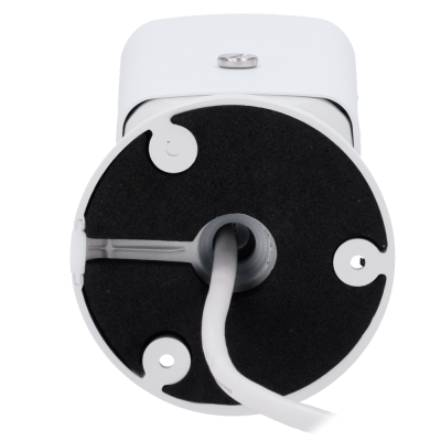 Base redonda preta com cabo branco no centro fixada a estrutura branca