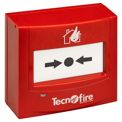 Alarme de incêndio vermelho com símbolo de casa em chamas e setas pretas