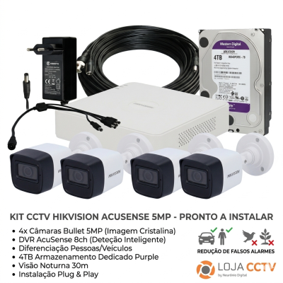 Kit vigilância CCTV com 4 câmaras bullet Hikvision 5MP, DVR, disco WD 4TB e cabos