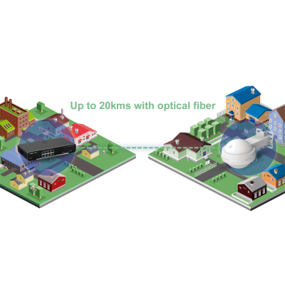 Duas áreas urbanas ligadas por fibra ótica com texto 