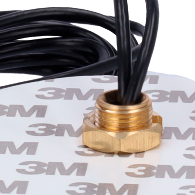 Base branca redonda com logótipo 3M, conector metálico rosqueado dourado e cabos pretos