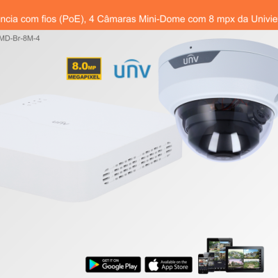 Sistema de videovigilância com 4 câmaras Mini-Dome e unidade central branca da Uniview