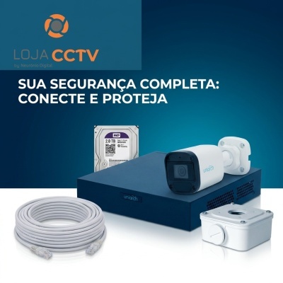 Kit sistema vigilância CCTV com câmara, gravador, disco rígido, cabo e caixa de junção