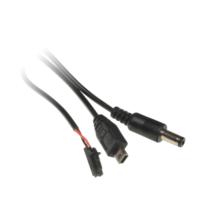 Cabo preto com vários conectores incluindo USB mini e conector DC.