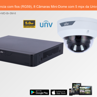 Sistema de videovigilância com câmara mini-dome e caixa preta.