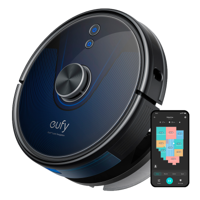 Aspirador robô eufy preto e azul com aplicação móvel ao lado