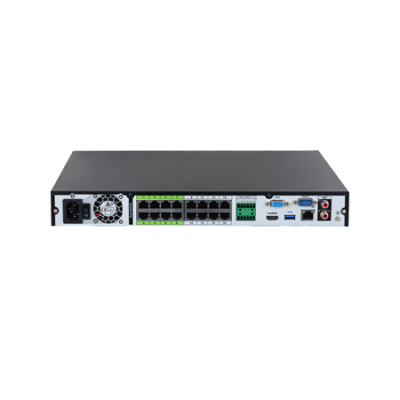 Equipamento de rede preto com portas Ethernet, VGA, HDMI e USB numa superfície branca