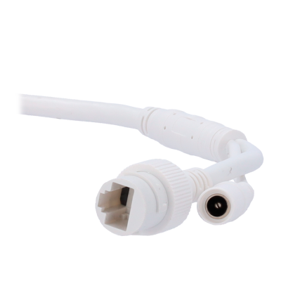 Cabo branco com conector RJ45 e conector de alimentação redondo