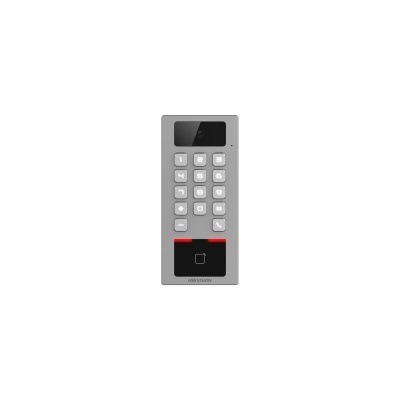 Intercomunicador cinzento com teclado numérico e visor preto