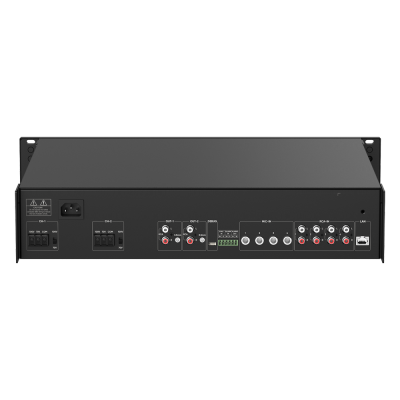 Vista traseira de equipamento eletrónico preto com várias portas e rótulos