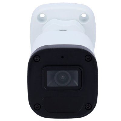 Câmara de segurança branca com frente preta e lente visível