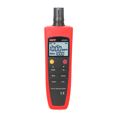 Medidor de monóxido de carbono vermelho com ecrã digital e botões