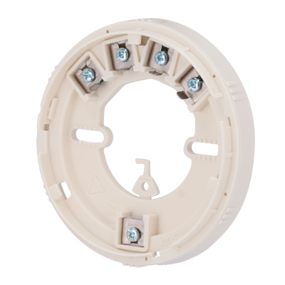 Base circular bege para detector com terminais metálicos em fundo branco