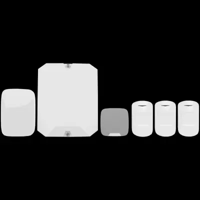 Kit de segurança AJAX com teclado, unidades e sensores brancos e cinzentos