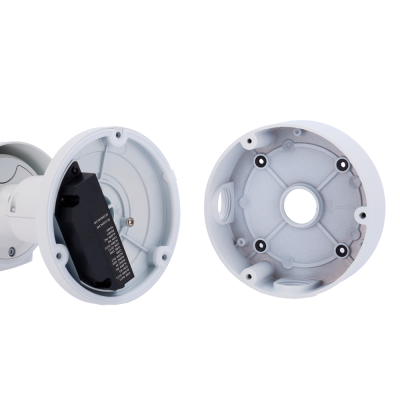 Suportes circulares de montagem brancos com componente preto e texto técnico visível