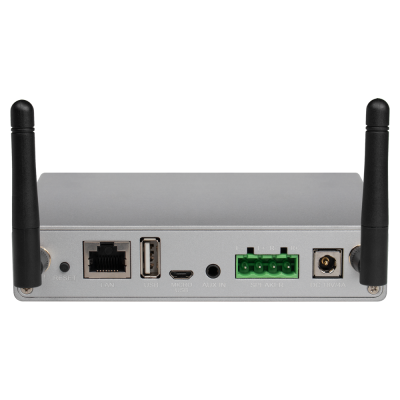 Dispositivo eletrónico cinzento com duas antenas pretas e várias portas de ligação