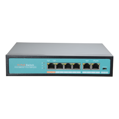 Comutador Hi PoE Switch azul e cinzento com portas Ethernet e LEDs