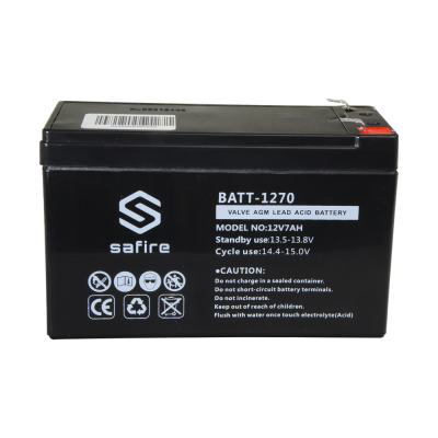 Bateria preta Safire BATT-1270 com texto branco e símbolos de segurança.